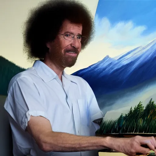 Prompt: a closeup photorealistic photograph of bob ross working on a canvas painting of marilyn manson. mountain scape. happy trees. film still. brightly lit scene. this 4 k hd image is trending on artstation, featured on behance, well - rendered, extra crisp, features intricate detail, epic composition and the style of unreal engine.