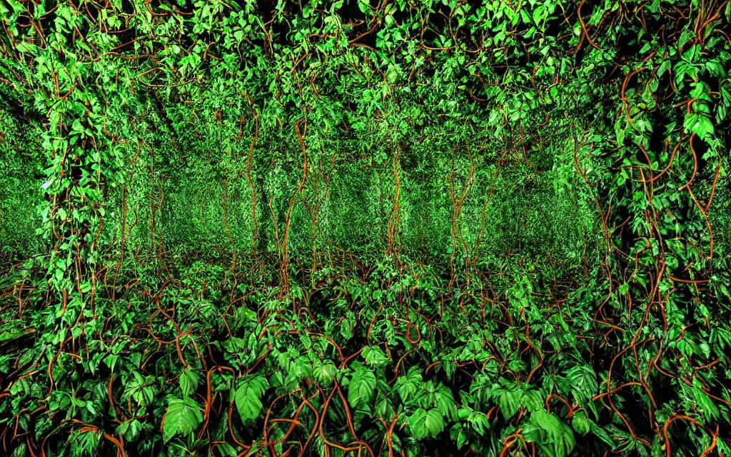 Image similar to Multiple layers of perspective Deep dark green jungle vines. metal foundry Clay sculpture by Magritte. Surreal sense of scale and depth. mind bending illusions of light and shadows by Magritte and Jackson Pollock. Huge clay art installation in an abandoned metal foundry. red, gold, green, black.