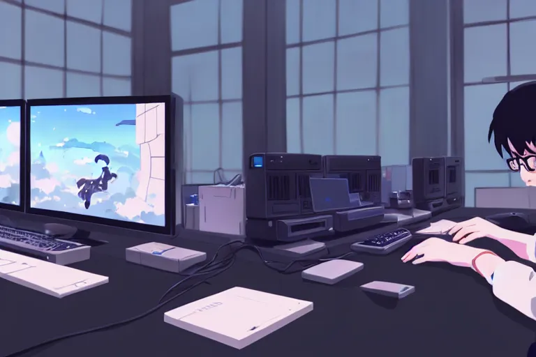 Image similar to a nerdy boy is programming at a computer in a room full of gadgets, by makoto shinkai and ghibli studio, highly detailed, incredible quality, trending on artstation