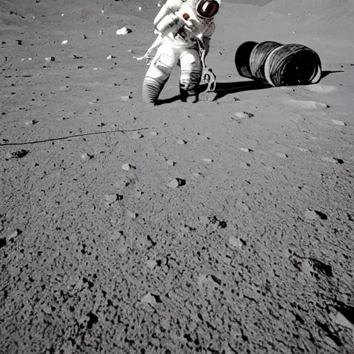 Prompt: midget in a wheelchair on the moon jumping a ramp, national geographic photo