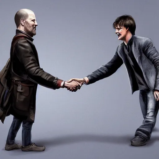Prompt: tom cruise shaking hands with harry potter, digital art, highly - detailed, artstation cgsociety masterpiece