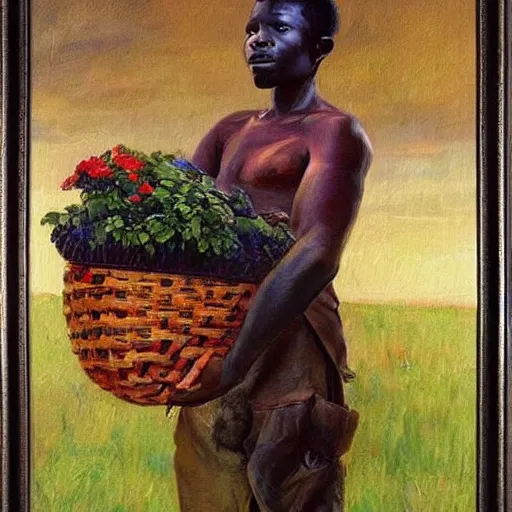 Prompt: a beautiful painting of an african instagram heart farmer. in his arm he has a basket full of hearts. in style of ilya repin, trending on artstation