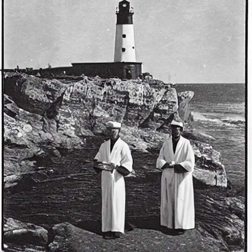 Image similar to worshippers dressed in robes belonging to the cult of the lighthouse. Dilapidated 1800s lighthouse. Unnaturally tall lighthouse. Beacons of light. 1800s photo.