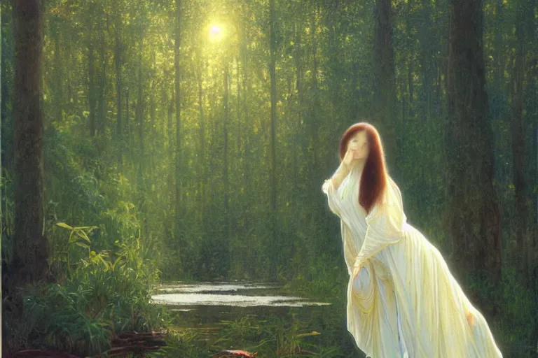 Prompt: a beautiful painting of a young lady with long dark hair in white linen dress bend down to look at her reflection on the river, in a grown forest, sunlight through the trees, Mucha, Moebius, Mohrbacher