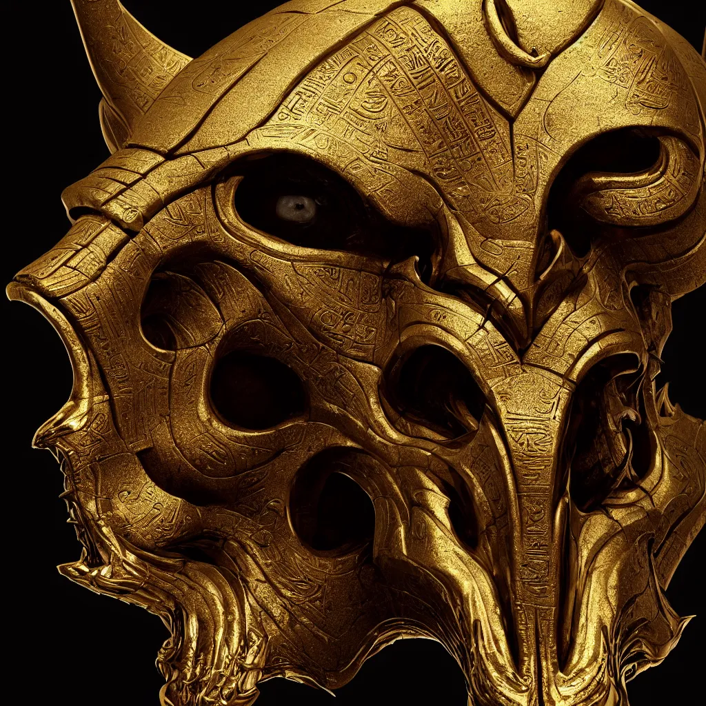 Image similar to Photorealistic epic egyptian god face close-up portrait ram skull, jackal skull, gold. ominous, ancient magic, intricate artwork by Tooth Wu and wlop and beeple and ryohei hase. octane render, trending on artstation, greg rutkowski very coherent symmetrical artwork. cinematic, hyper realism, high detail, octane render, 8k