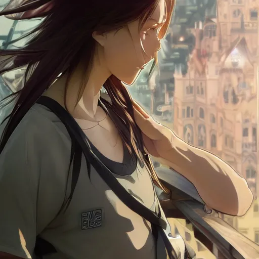 Image similar to a girl is running, sport clothing, anime style, short hair, hair down, symmetrical facial features, from arknights, hyper realistic, highly detailed, rule of thirds, extreme detail, detailed drawing, trending artstation, realistic lighting, shoulder eyes, by alphonse mucha, greg rutkowski, sharp focus, backlit, real faces, realistic anatomy