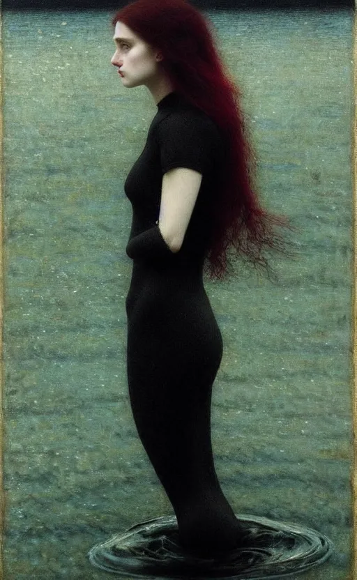 Image similar to portrait of a girl with long red hair in a black dress, under water, very beautiful style, girl wrapped in a leather salafan bag in black, photorealism, edgard maxence,