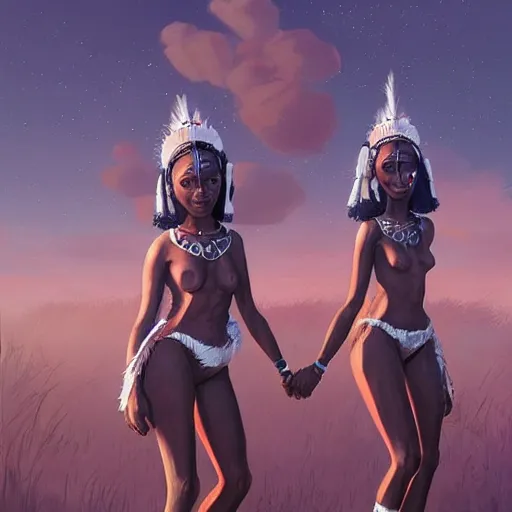 Image similar to beautiful Zulu goddesses holding hands, focused, worried, highly detailed, artstation, concept art, sharp, illustration, art by artgerm and Simon Stålenhag