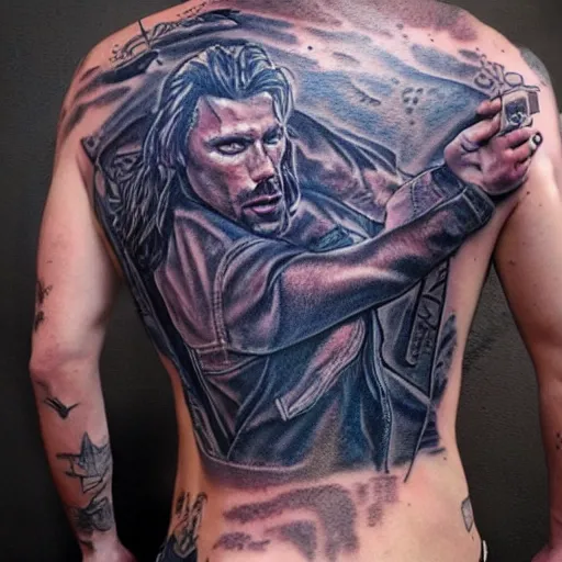 Prompt: Portrait of Sam Winchester in blue jeans, Sons of Anarchy Tattoed on his back, intricate upper body, highly detailed, digital painting, artstation, concept art, smooth, sharp focus, illustration, art by Hajime Sorayama