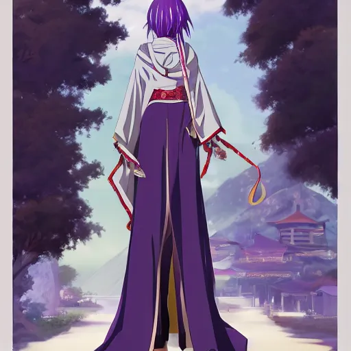 Image similar to anime full body illustration of a woman with purple hair wearing dark purple chinese outfit, her head is slightly tilted, medium shot, extremely detailed art, by ilya kushinov and makoto shinkai, matte illustration, character showcase art, 4 k, anime key visual, official illustration by kyoto animation, monthly top rankings on pixiv, trending on artstation, danbooru art