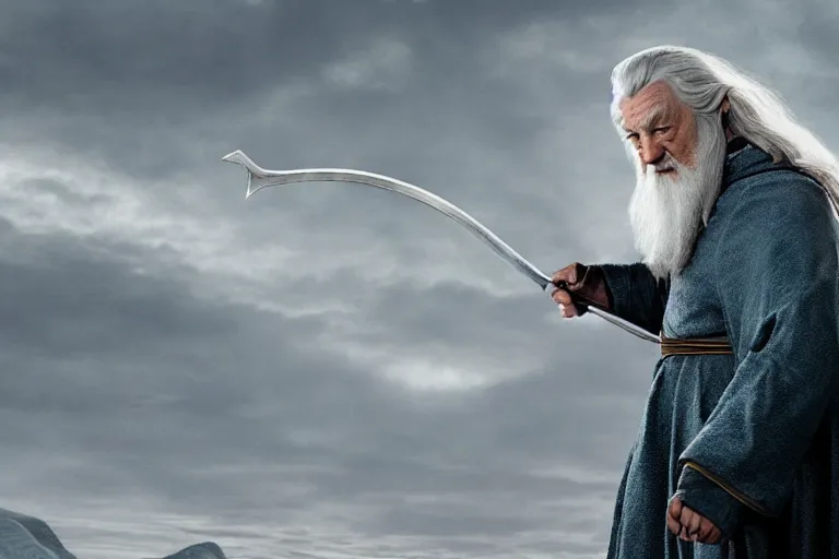 Prompt: promotional image of gandalf as captain kirk in the new star trek movie, detailed face, movie still frame, promotional image, imax 70 mm footage