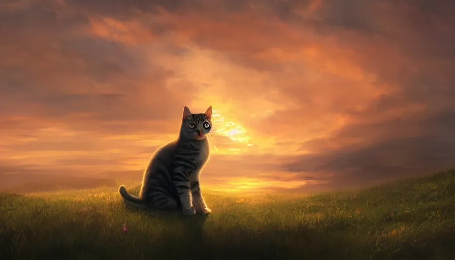Prompt: cat sitting on the hill looking at gigantic sunset, hyperdetailed, artstation, cgsociety, 8 k