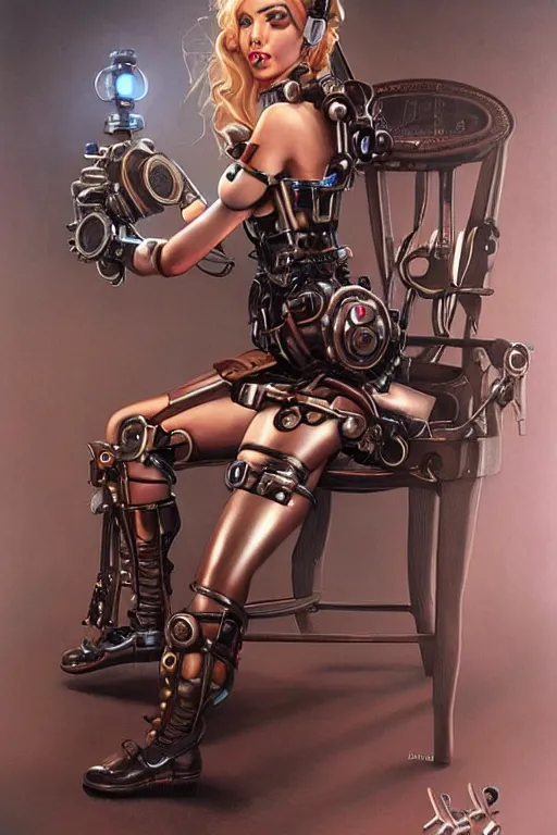 Image similar to retrofuturistic female android tied to a chair, steampunk, gears, detailed mechanical parts, painting by artgerm julie bell Ed Brinkley