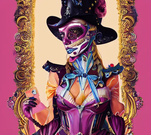 Image similar to beautiful female character inspired by venice carnival and pop art bounty hunter | | digital artwork made by greg rutswork, anna dittmann and lois van barlee, symmetrical, anatomically correct