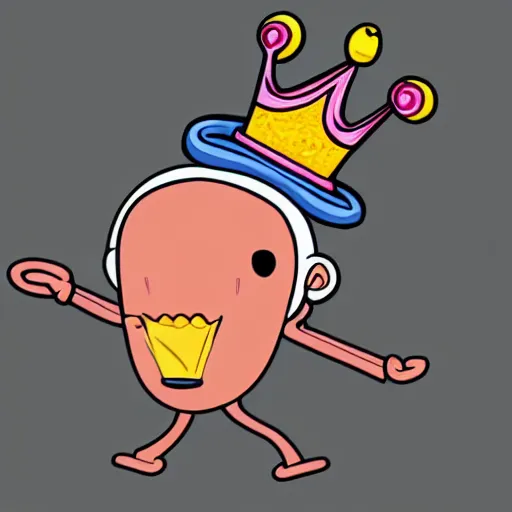 Image similar to kidney bean holding a staff, wearing crown, cartoon character, digital art, fun,