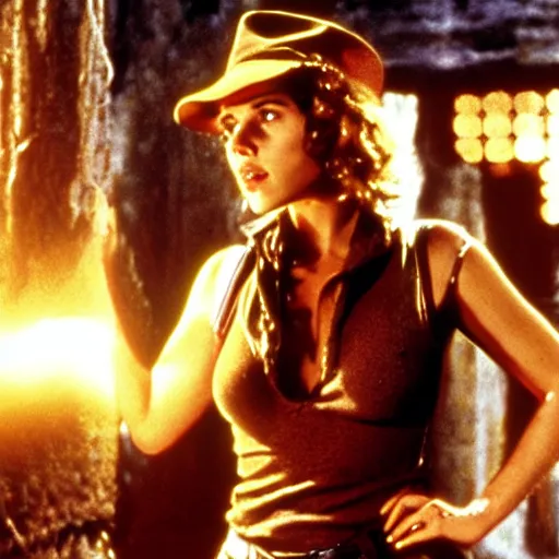 Image similar to A still photograph of Scarlett Johansson as Indiana Jones in Indiana Jones and the Raiders of the Lost Ark