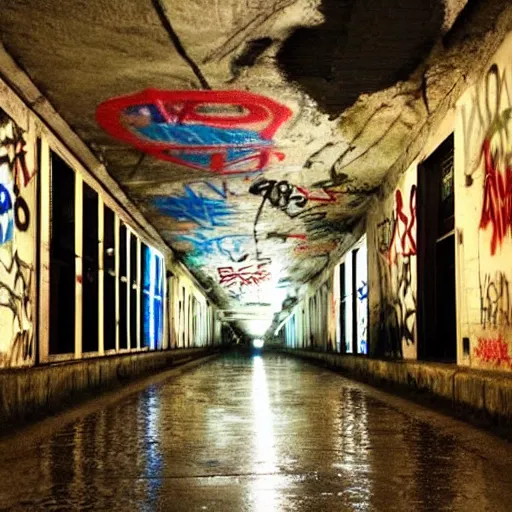 Image similar to dimly lit urban tunnel filled with beautiful graffiti,rainy,striking