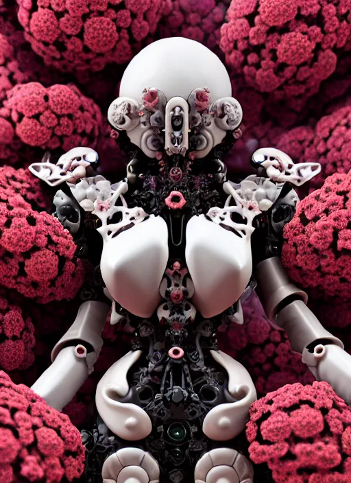 Prompt: biomechanical black mecha carrying perfume bottle enchanted coral kingdom made of corals, daisies, roses in an ivory room well contoured smooth fair walls, up close shot, sharp focus, global illumination, radiant light, alexandre ferra white mecha, irakli nadar, octane highly render, 4 k, ultra hd,