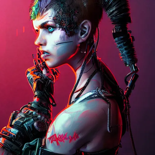 Prompt: highly detailed portrait of a post-cyberpunk south african young lady by Akihiko Yoshida, Greg Tocchini, 4k resolution, mad max inspired, wild neon color scheme with south african symbols and graffiti