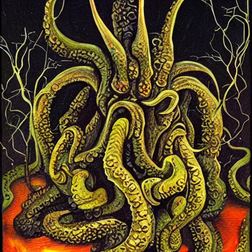 Image similar to the black goat of the woods with a thousand young. lovecraft shub - niggurath cthulhu oil painting predominantly black contrasts