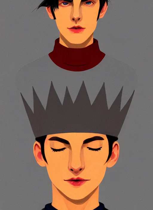 Image similar to portrait of teenage jughead jones wearing a light grey crown, symmetrical crown, sweater with picture of hamburger, eyes closed, crown, black hair, orange, intricate, elegant, glowing lights, warm lighting, highly detailed, digital painting, artstation, concept art, smooth, sharp focus, illustration, art by wlop, mars ravelo and greg rutkowski