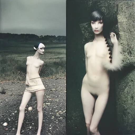 Image similar to kodak portra 4 0 0, wetplate, photo of an artsy model, girl, vogue shooting, weird and unique fashion, photographed by paolo roversi style