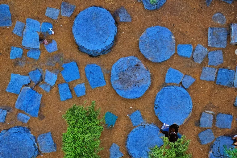 Prompt: shoot from above, most photos should have limited people ( 1 - 4 ), but some can show many people as long as there's a focal point., simple, uncluttered., bold use of color, blue whenever possible., optimistic and hopeful in tone., must leave room in the shot