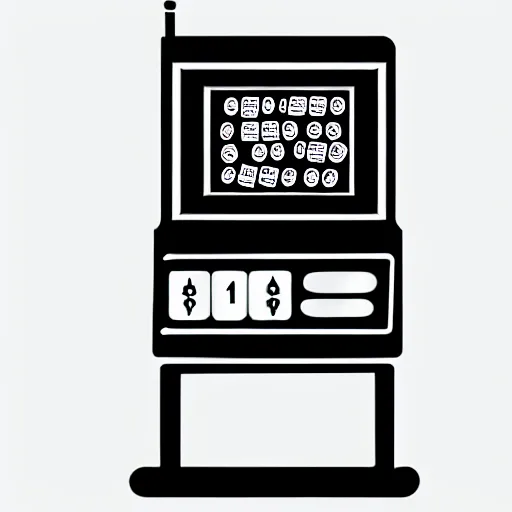 Prompt: book illustration of a slot machine, book illustration, monochromatic, white background, black and white image