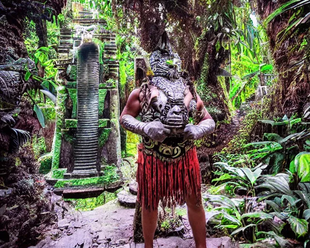 Prompt: mayan jaguar warrior exploring an alien garden las pozas, 1 9 7 0's sci - fi, lofi technology, deep aesthetic colors, 8 k, highly ornate intricate details, extreme detail,