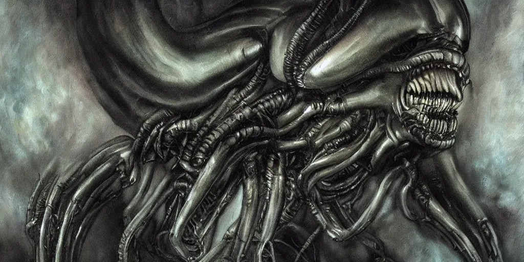 Prompt: painting of xenomorph in the style of HR Giger, movie scene, volumetric fog, slimy skin