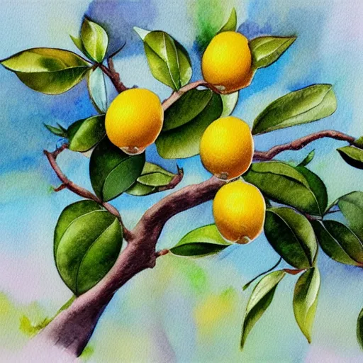 Prompt: A beautiful lemon tree, trending on artstation, water color on canvas