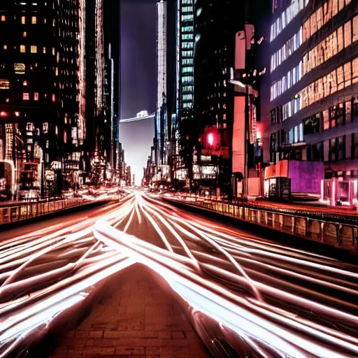 Image similar to futuristic train drives on bridge over busy street full of cars in nyc at night, still photo, cinematic lighting