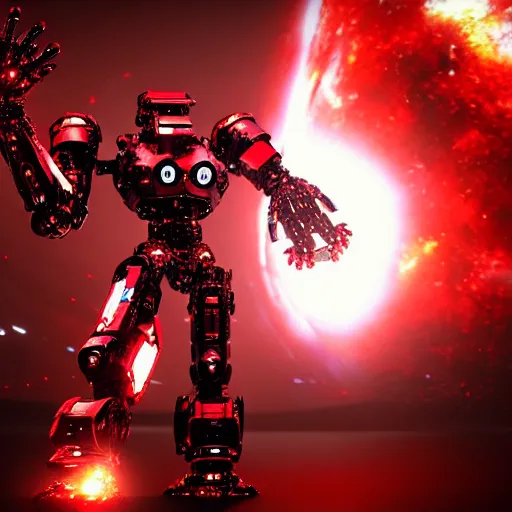 Image similar to a shiny ornate boxing red humanoid mecha in galaxy, epic pose, bright, by war robots, real steel ( 2 0 1 1 ), westworld and eve venture and pacific rim and machine warrior 5, cryengine, frostbite 3 engine, sharp focus, 8 k, high definition, insanely detailed, beautiful lighting,