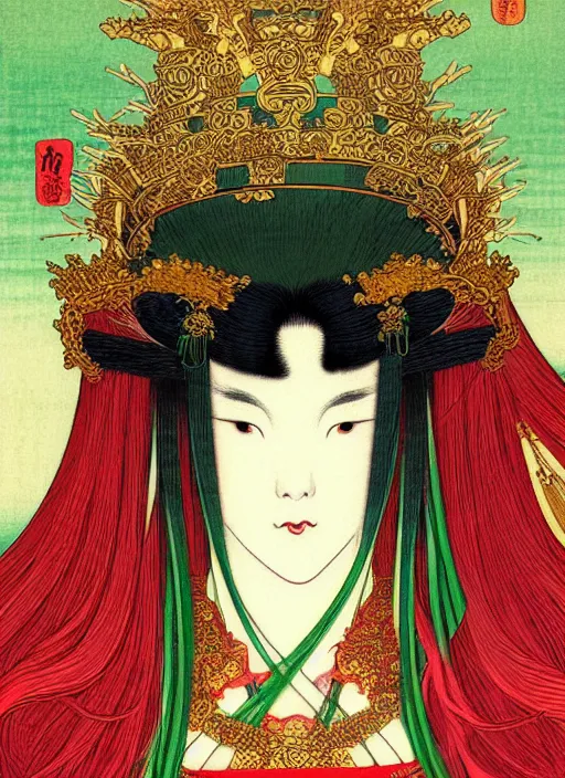 Image similar to a beautiful ukiyo - e portrait of a beautiful elven queen with long red hair, wearing green, red and gold ornate dress, golden intricate crown. detailed symmetrical close up portrait, intricate complexity, concept art, by takato yamamoto, wlop, krenz cushart. cinematic dramatic atmosphere, sharp focus