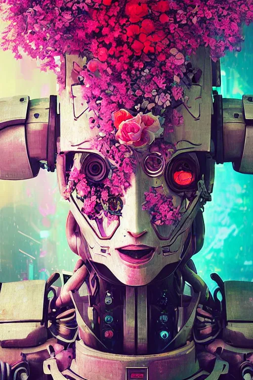 Image similar to a digital painting of a robot with flowers, closeup cyberpunk portrait by Filip Hodas, cgsociety, panfuturism, made of flowers, dystopian art, vaporwave