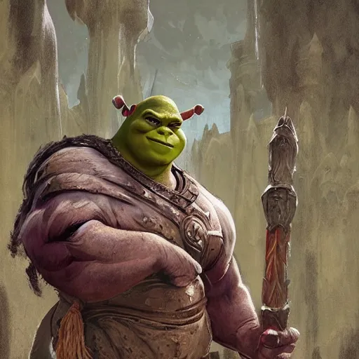 Image similar to shrek as an ancient mythological warrior deity, epic fantasy illustration, portrait, by greg rutkowski