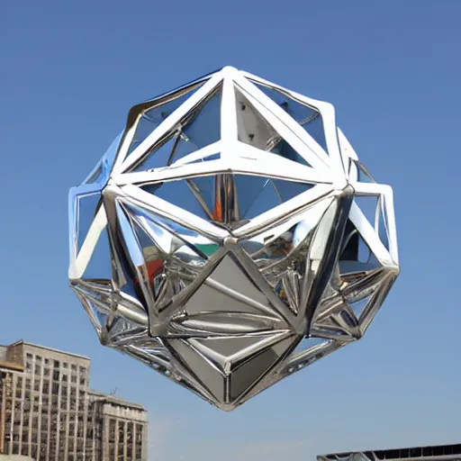 Image similar to ( very very large ) chrome dodecahedron! floating over a modern city