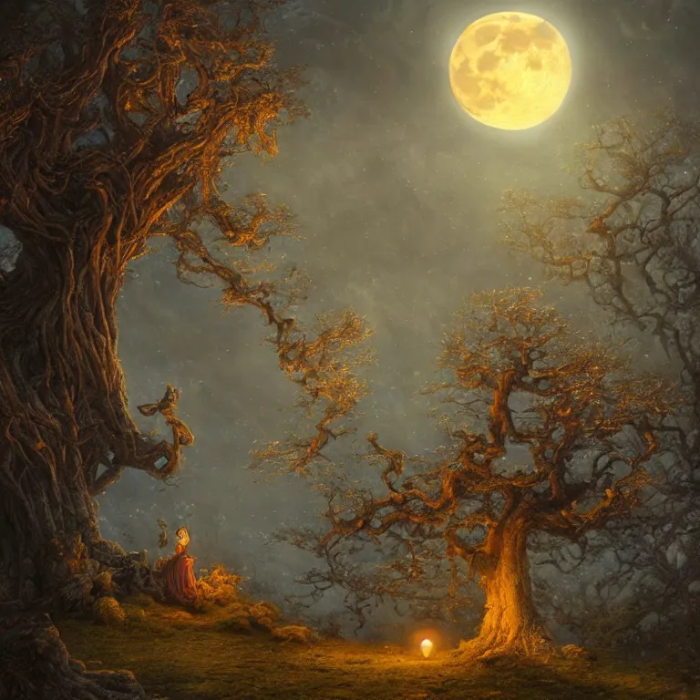 Prompt: a large haunting moon behind a fairytale tree by Justin Gerard and Thomas Kinkade, fantasy art, moody lighting, 4k