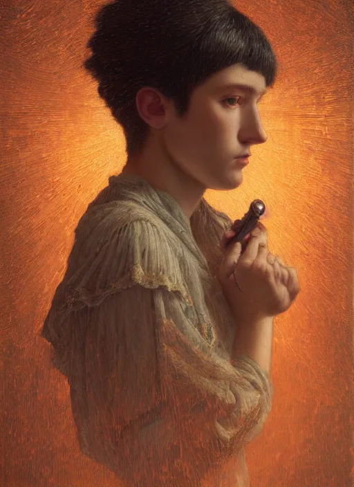 Image similar to intricate oil painting portrait by John William Godward and Anna Dittman and Laurie Greasley and Victo Ngai and Taro Okamoto and Caspar David Friedrich depicting gabriel the archangel, evening, atmospheric lighting, intricate detail, cgsociety, hyperrealistic, octane render, RPG portrait, ambient light, dynamic lighting
