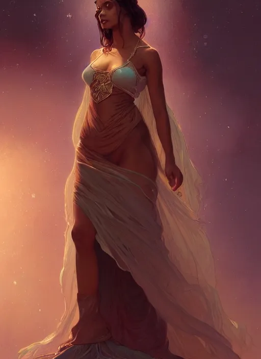 Image similar to cute brown woman wearing a transparent night gown, fantasy, intricate, highly detailed, digital painting, artstation, concept art, wallpaper, smooth, sharp focus, illustration, art by artgerm and greg rutkowski and alphonse mucha