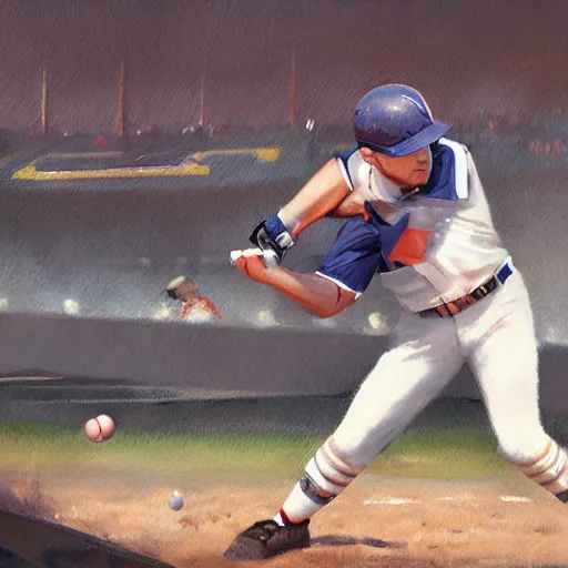 Image similar to baseball player hitting the ball with the baseball bat in the middle of the game and in front of everyone in the stadium, james gurney painting style, greg rutkowski, artstation