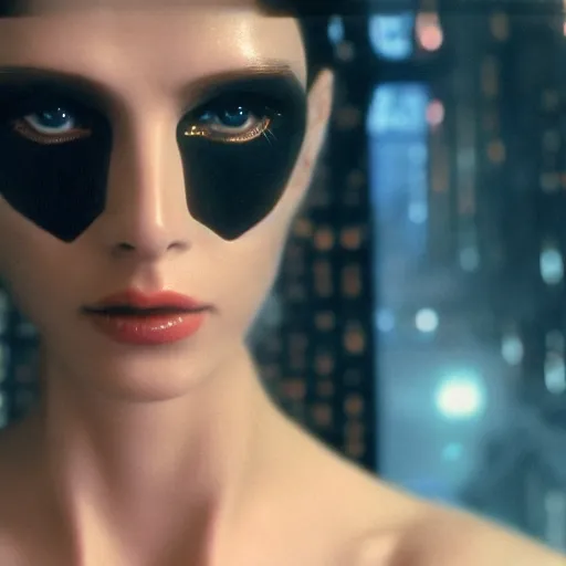 Image similar to portrait of a stunningly beautiful futuristic female replicant from blade runner, depth of field, zeiss lens, detailed, symmetrical, centered, fashion photoshoot, by Annie Leibovitz and Steve McCurry, David Lazar, Jimmy Nelsson, Breathtaking, 8k resolution, extremely detailed, beautiful, establishing shot, artistic, hyperrealistic, beautiful face, octane render