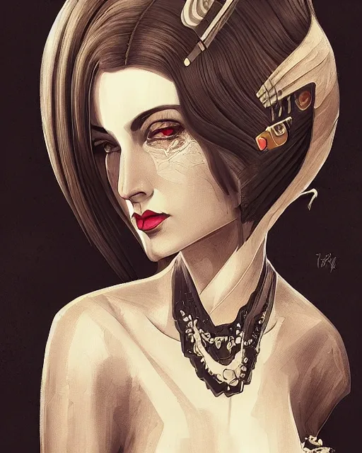 Image similar to portrait of lady dimitrescu from resident evil village, art deco style, beautiful, elegant, mesmerizing, concept art, highly detailed, smooth, fantastical, artstation, deviantart, trending, by tamara de lempick, sana takeda