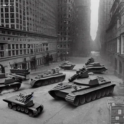 Image similar to Epic shootout between Soviet and American troops on the streets of New York, powerful explosions, futuristic style, super detail of each object,