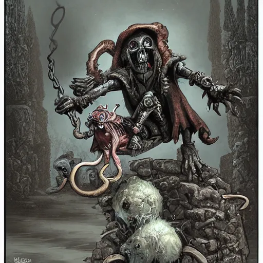 Image similar to a necromancer riding a rat, doom, horror scenery, by Keith Thompson