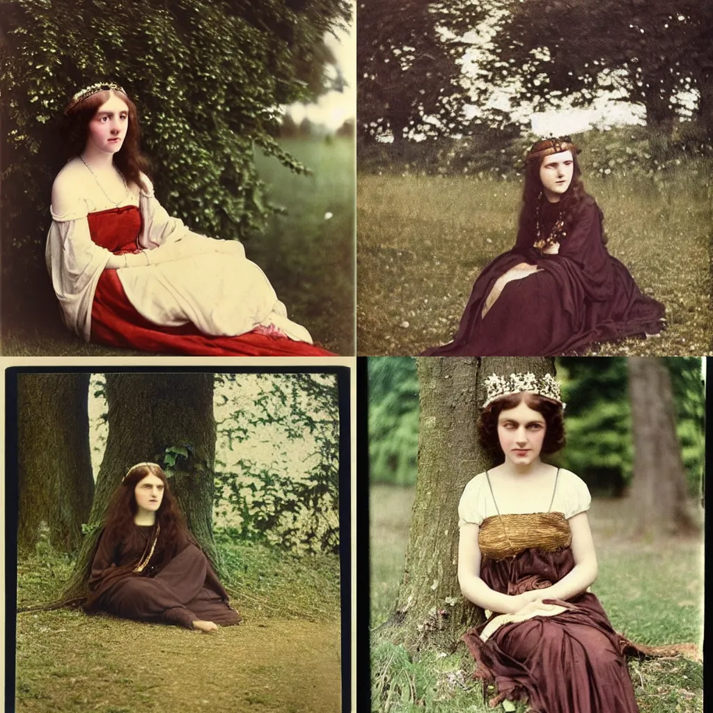 Prompt: Autochrome photograph of a princess with long brown hair sitting under a tree, wearing a ceremonial royal gown, vintage, 1930s, film grain, trending on pinterest, shot from afar, pre raphaelite, contemplative expression, john waterhouse, Julia Margaret Cameron, John Everett Millais