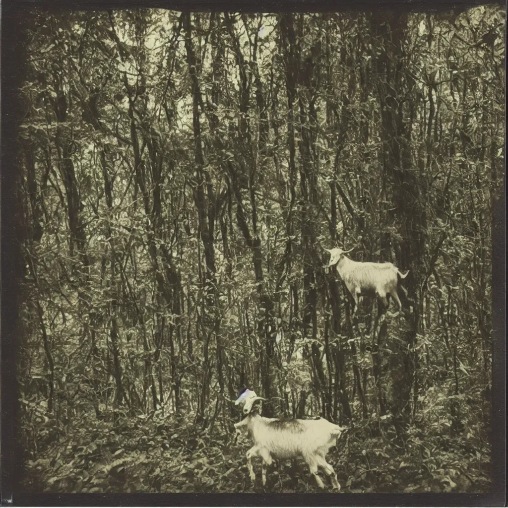 Prompt: polaroid vintage of a human goat in the forest, occult,