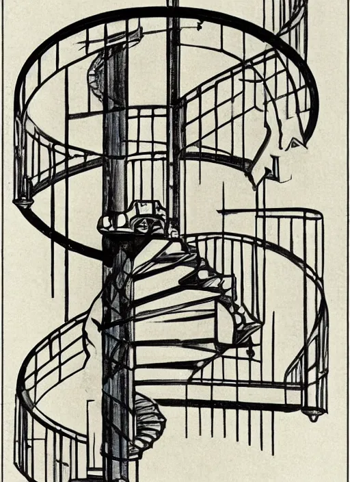 Prompt: an art nouveau illustration of an axonometric view of a spiral staircase by theo van doesburg