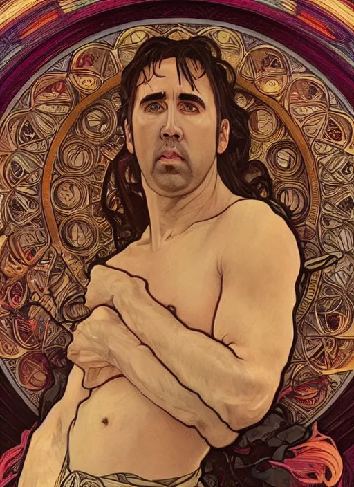 Prompt: Nicolas Cage as God of Beauty, brutal, fantasy, intricate, elegant, highly detailed, digital painting, 4k, HDR, concept art, smooth, sharp focus, illustration, art by alphonse mucha,artgerm, H R Giger