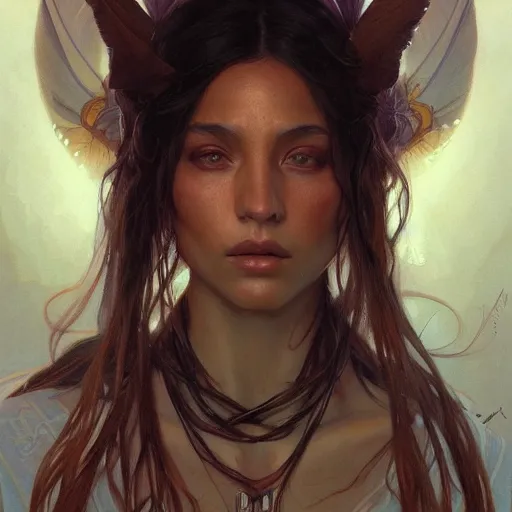 Image similar to portrait of native Skinwalker, highly detailed, digital painting, artstation, concept art, smooth, sharp focus, illustration, art by artgerm and greg rutkowski and alphonse mucha